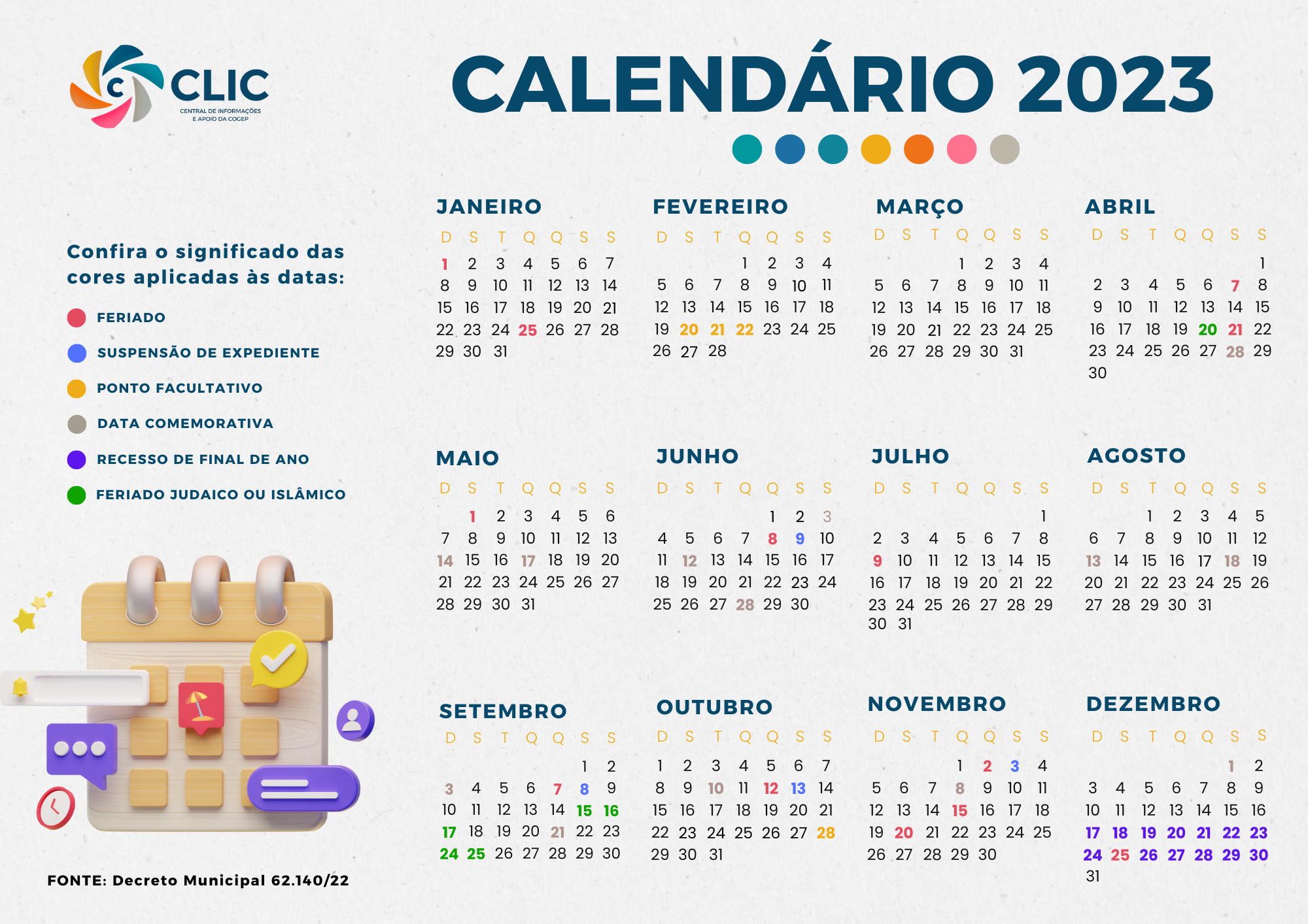 Calendário 2023 para o ano com meses semanas dias fins de semana e dias  úteis